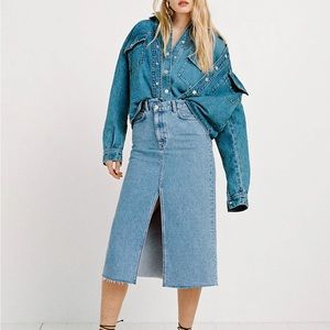 MANGO- Crossover Denim Midi Skirt with Slit